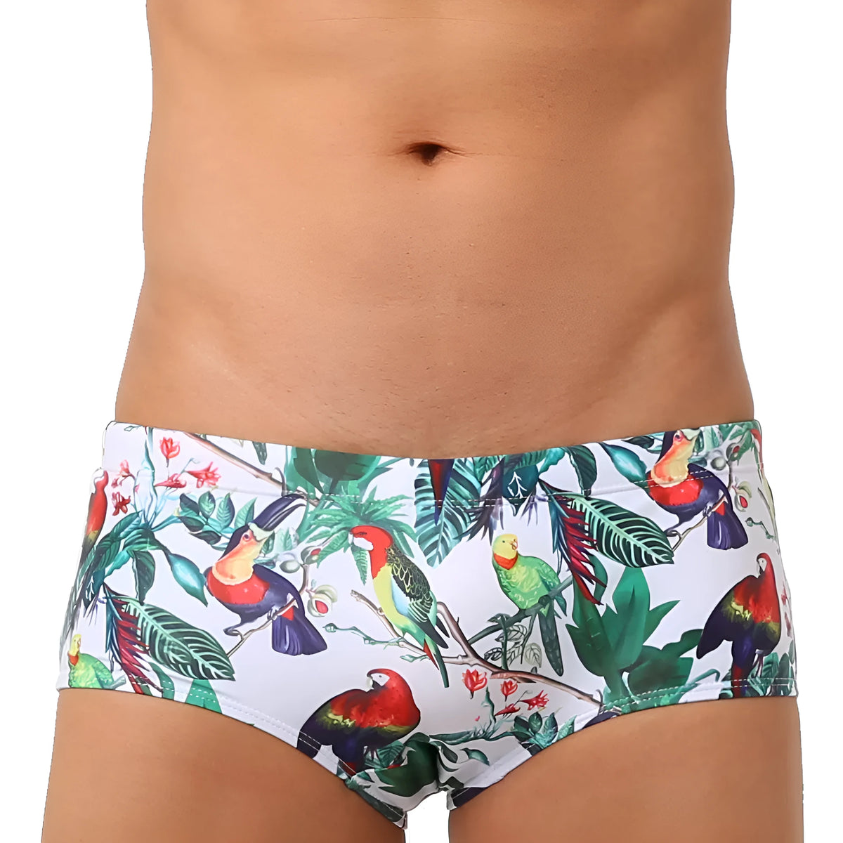 Men's floral bird print nylon swim trunks in boxer style on white background