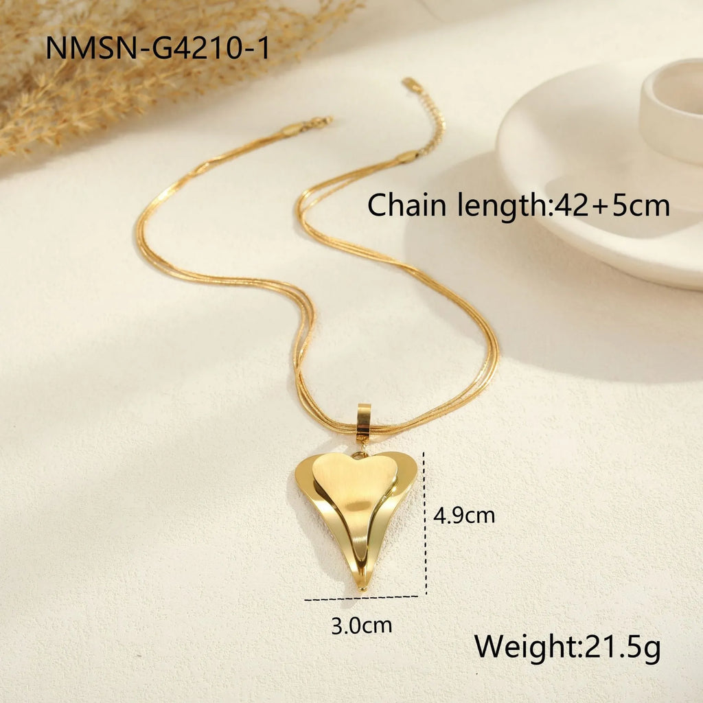 Double heart snake bones geometric pendant necklace in gold or steel finish on regular chain