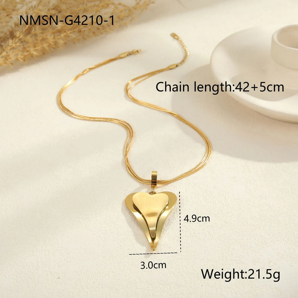 Double heart snake bones geometric pendant necklace in gold or steel finish on regular chain