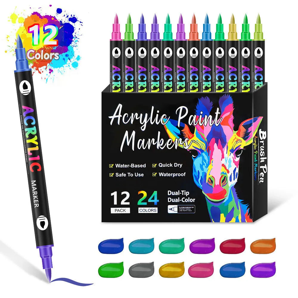 Set of double-headed acrylic marker pens with quick-drying washable opaque colours