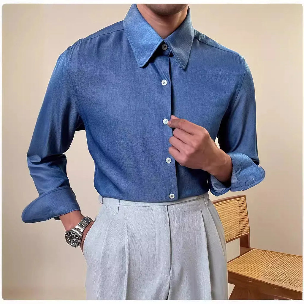 Men's slim fit long sleeve shirt in blue with round collar, business casual style