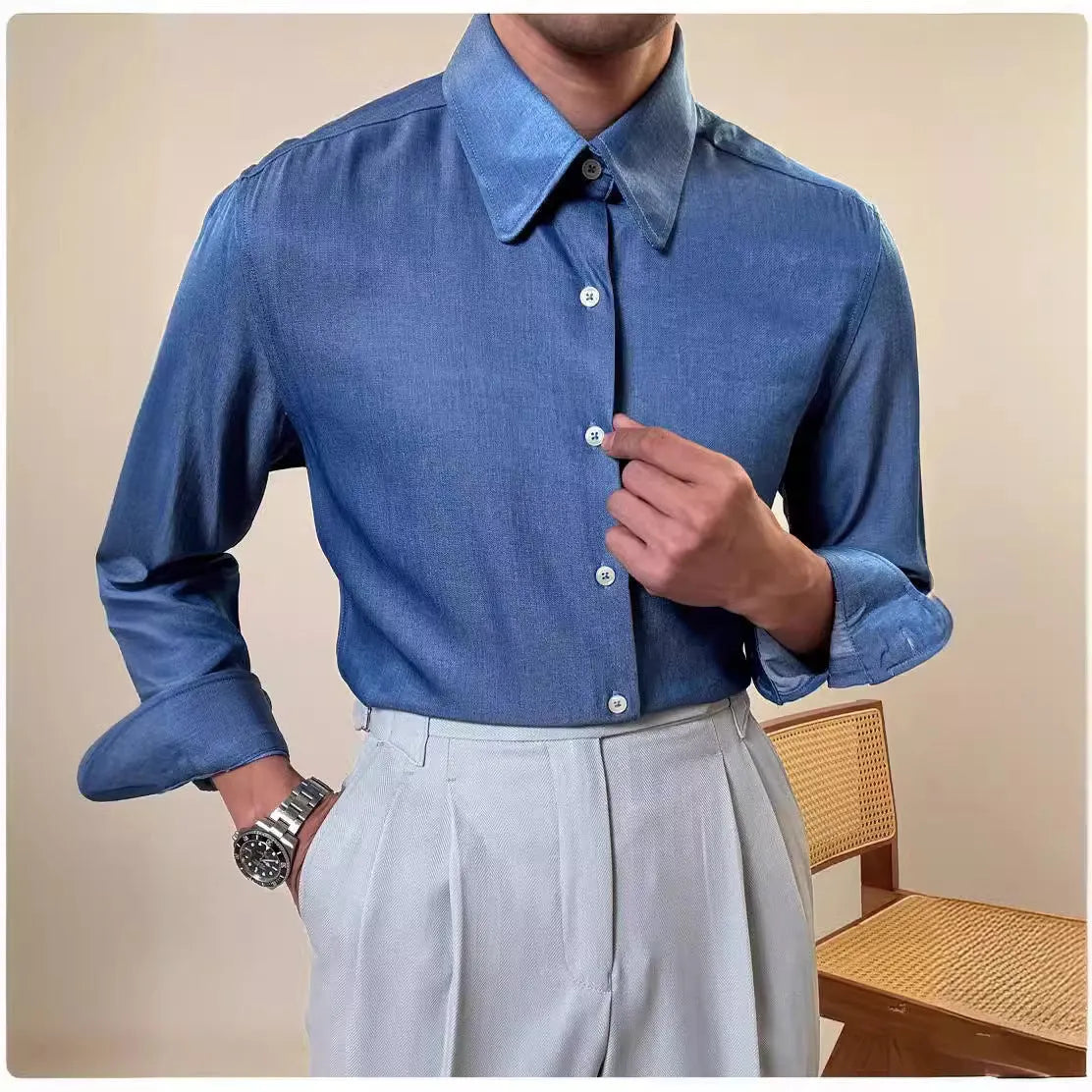 Men's slim fit long sleeve shirt in blue with round collar, business casual style