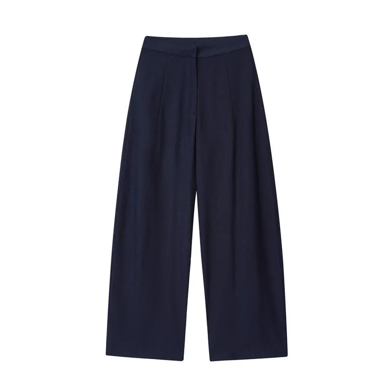 Women's linen-style shirt with flounced sleeves and matching wide-leg trousers in polyester blend fabric