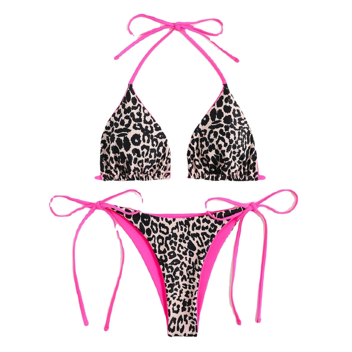 Women's lace-up front triangle bikini top with matching split skirt swim shorts.