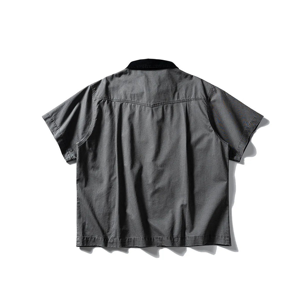 Washed cotton overalls shirt with short sleeves and loose cardigan styling in khaki or grey colours