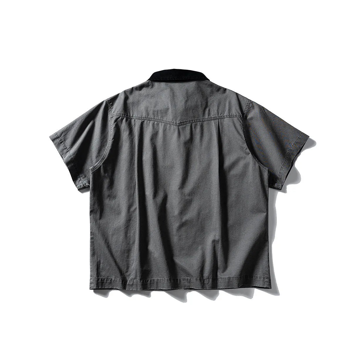 Washed cotton overalls shirt with short sleeves and loose cardigan styling in khaki or grey colours