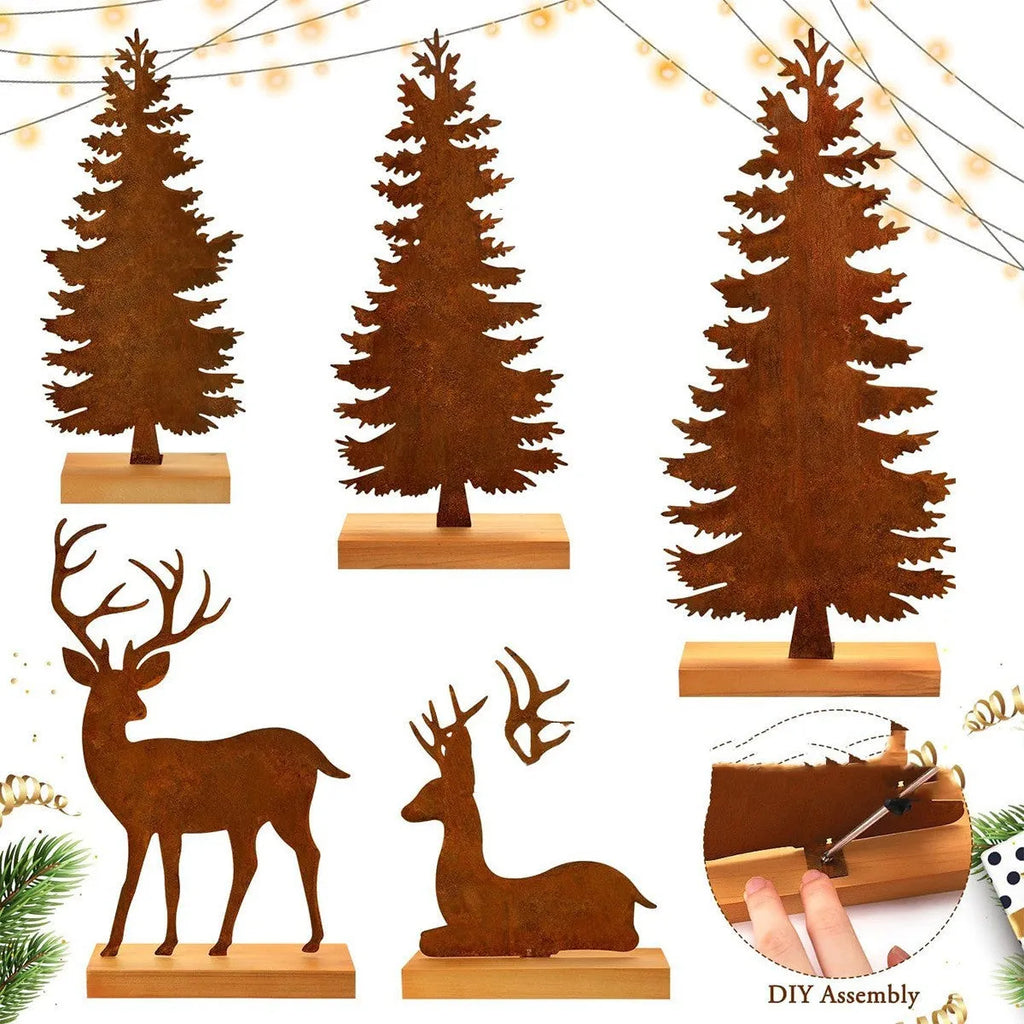 Three metal Christmas tree ornaments with elk silhouettes in rusty iron finish