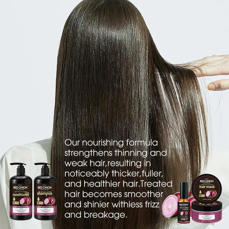 Red onion shampoo and conditioner full set with four bottles: shampoo, conditioner, hair mask and essential oil.