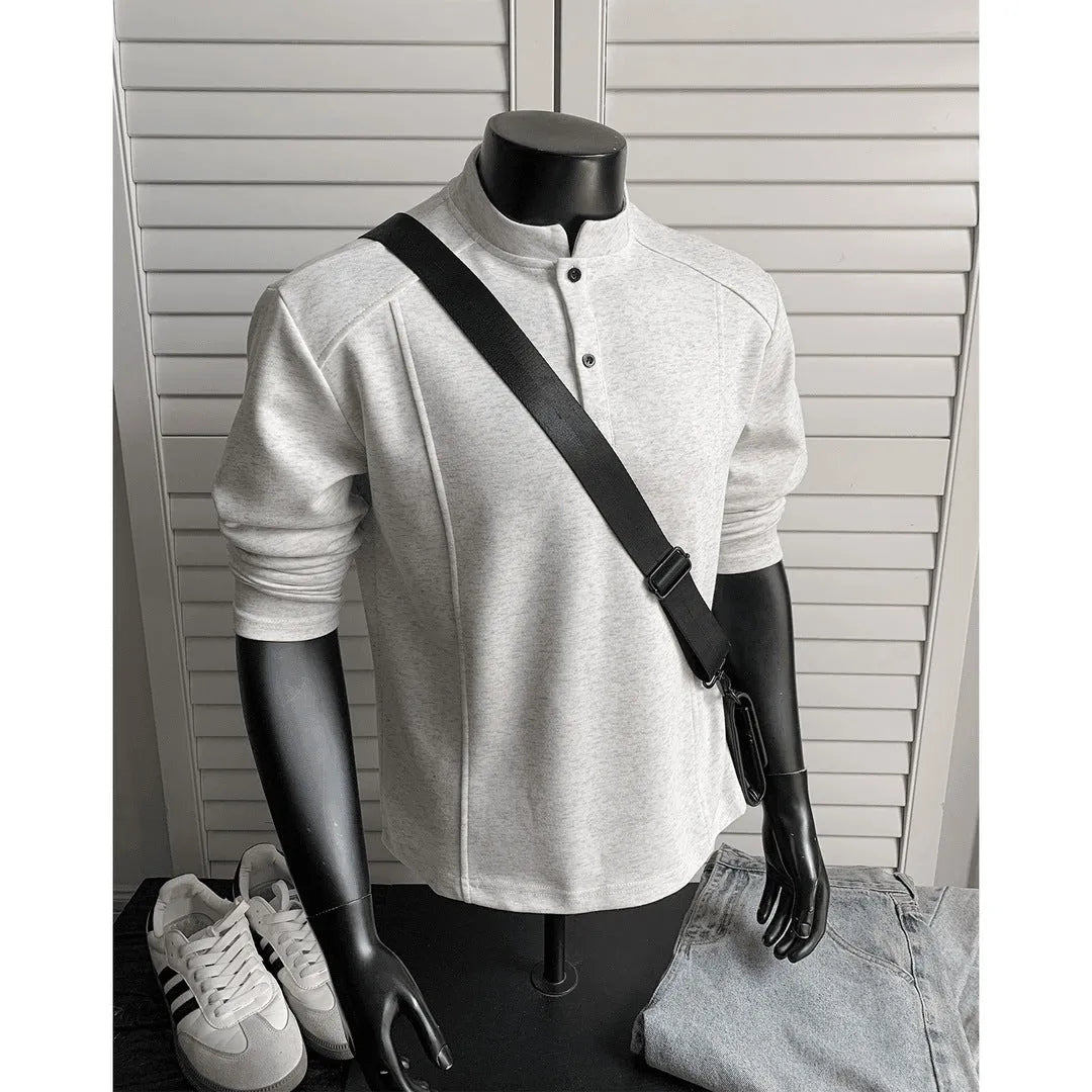 Men's cotton patchwork polo shirt with stand-up collar and asymmetric design in three colour options