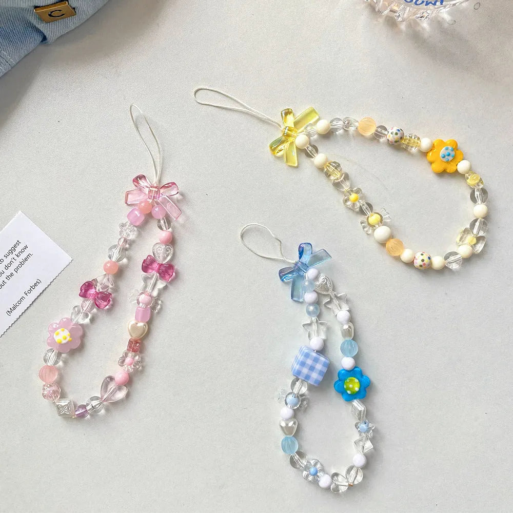 Floral beaded mobile phone lanyard hand rope in yellow, blue, or pink colour options