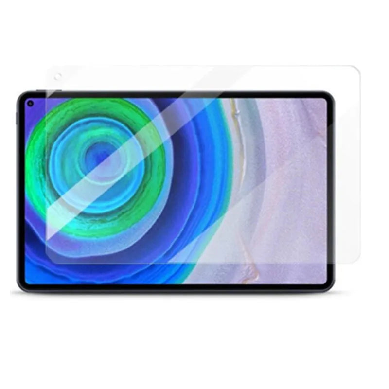 Clear tempered glass screen protector for Huawei MatePad Pro tablet on a flat surface.