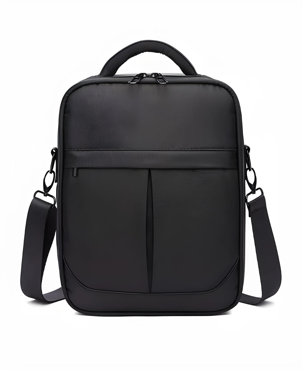 Black men's oxford fabric messenger shoulder bag showing its size and style.