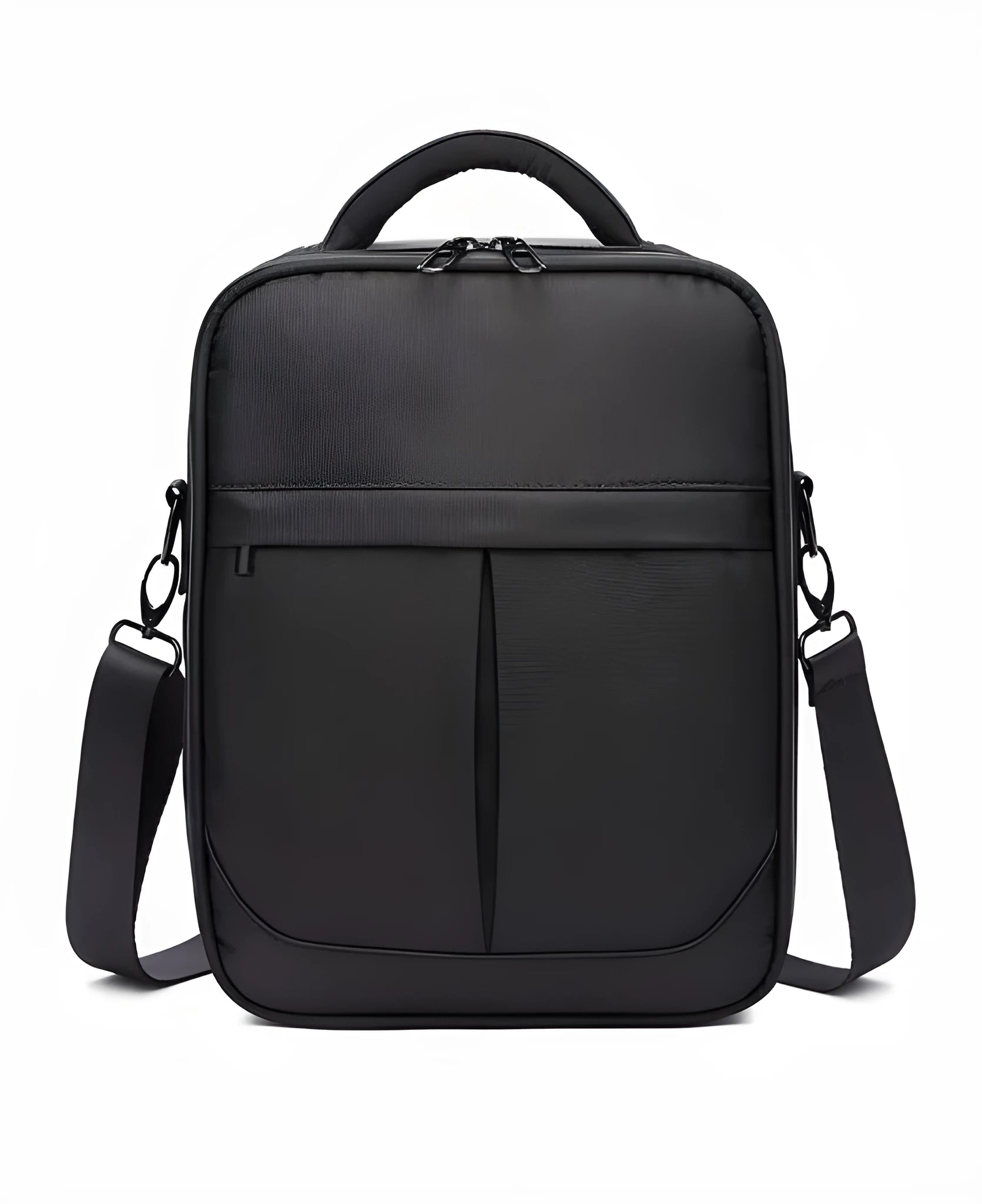 Black men's oxford fabric messenger shoulder bag showing its size and style.
