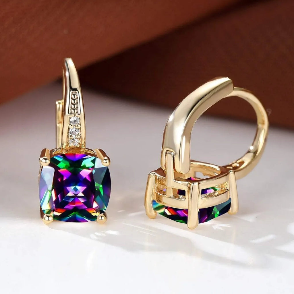 Square geometric ear clip with colourful moissanite stones in gold electroplated finish
