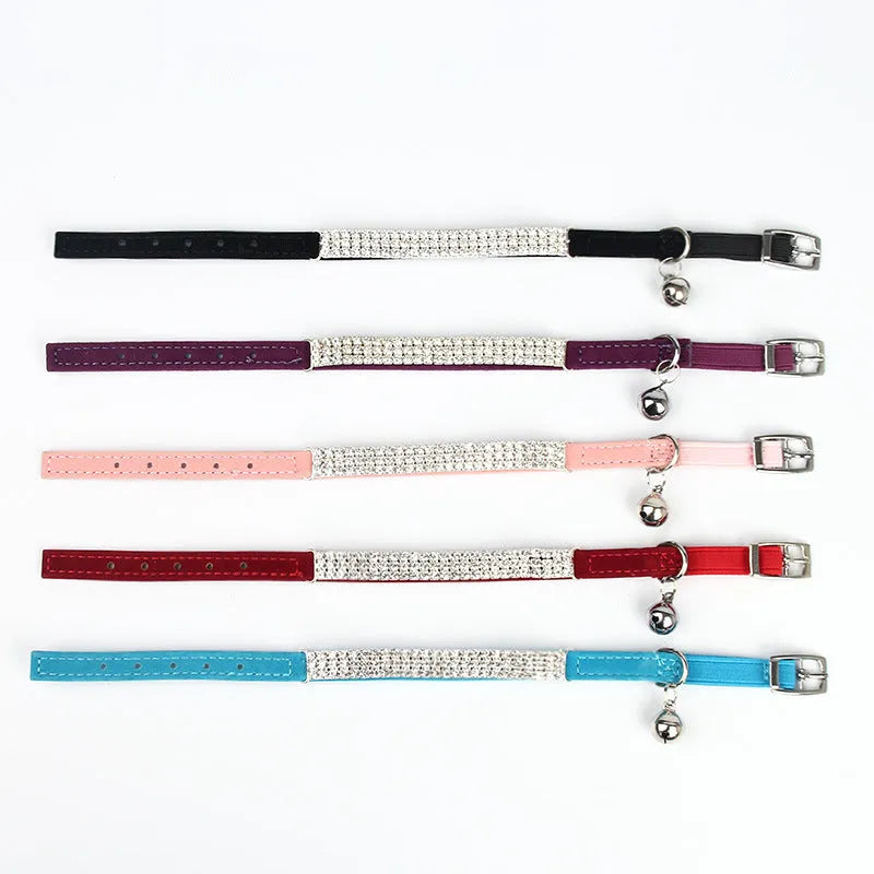 Adjustable velvet cat collar with rhinestone decoration in five colour options