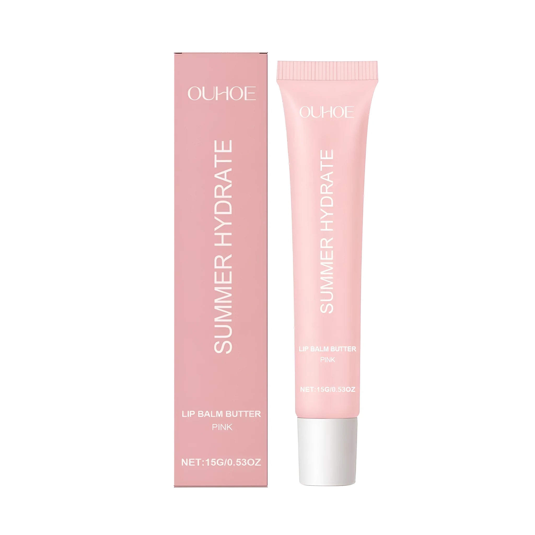 Pink lipstick format shea butter lip balm with vitamin E and olive oil ingredients