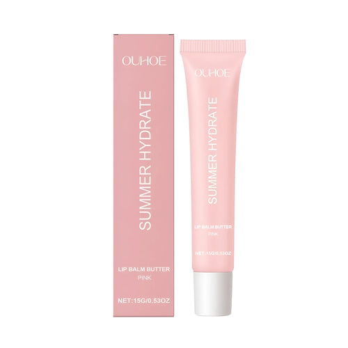 Pink lipstick format shea butter lip balm with vitamin E and olive oil ingredients
