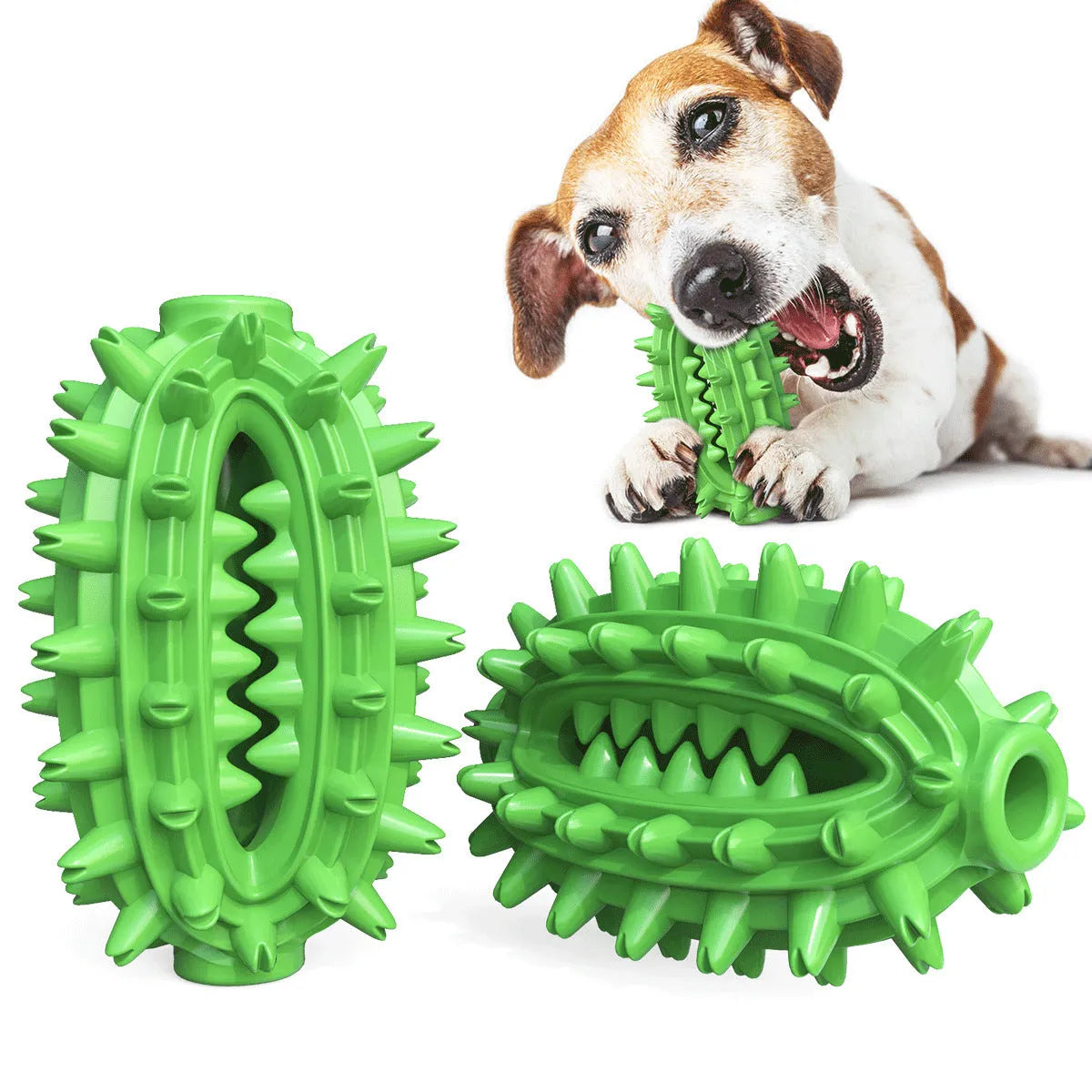 Green cactus-shaped dog toothbrush toy for dental cleaning with textured bumps and channels