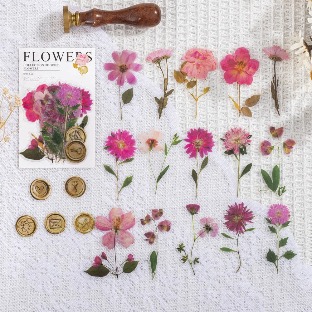 Fire Paint Creative dried flower journal sticker set showing 40 sheets with 160 PET stickers in 8 colour styles.