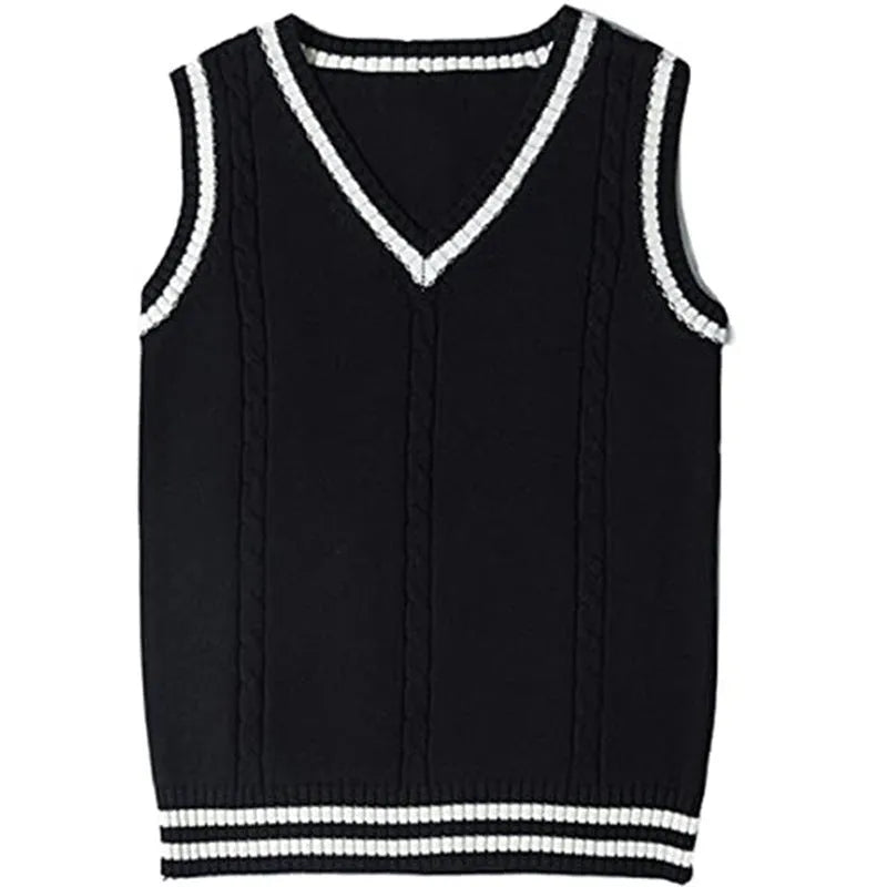 Women's slim fit V-neck acrylic knit waistcoat sweater with striped stitching detail