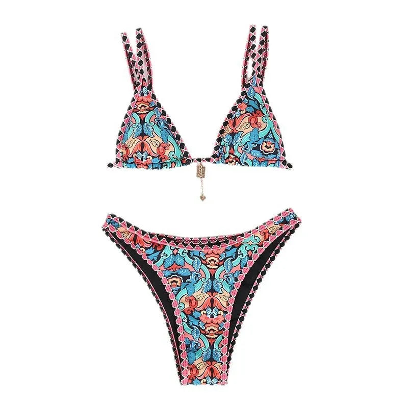 Women's retro printed bikini swimwear in polyester fabric with four-colour design