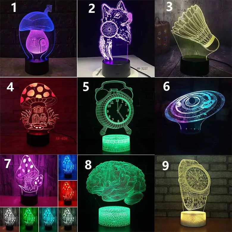 Black remote control LED desk lamp with colourful 3D lighting on a modern acrylic board.