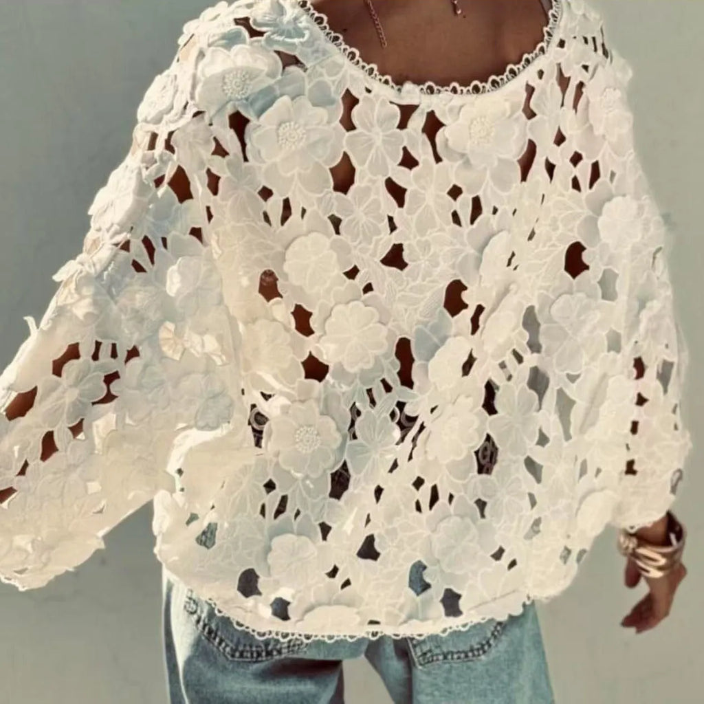 Women's loose fit lace cardigan with three-dimensional flower decoration and V-neck hollow sleeves