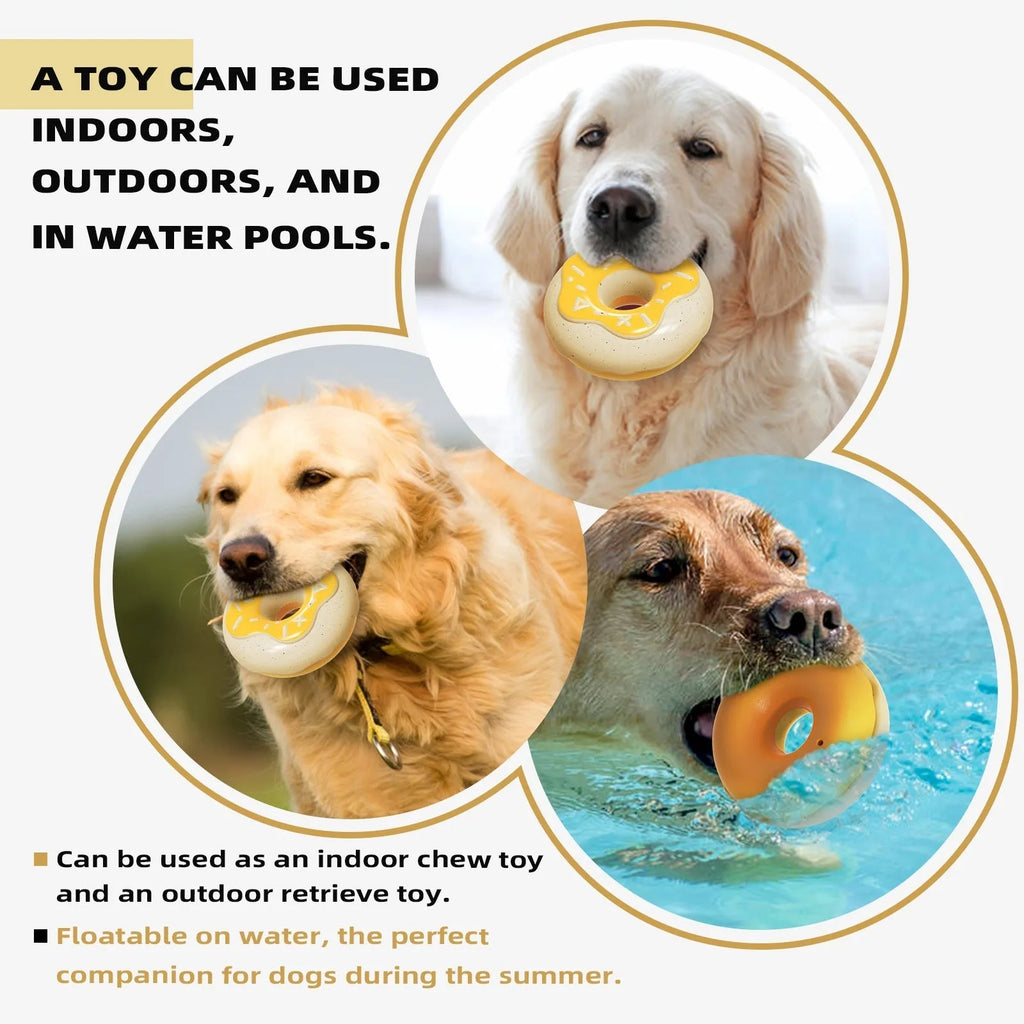 Pink donut-shaped squeaky dog toy with textured surface for dental cleaning