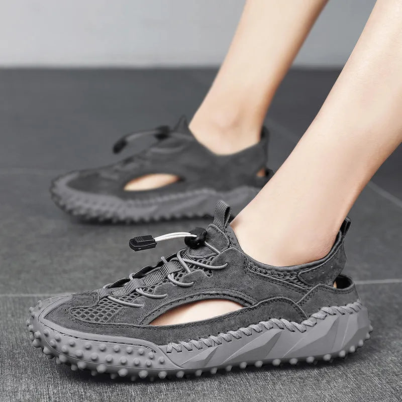 Men's waterproof outdoor sandals with leather mesh uppers, elastic band closure, and non-slip rubber soles