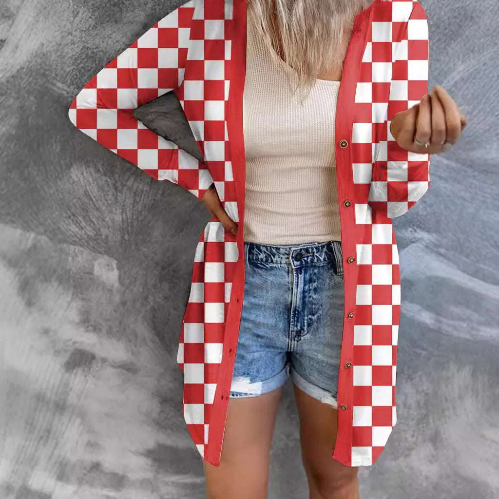 Women's long grey plaid cardigan coat with loose knit and regular sleeves, laid flat.