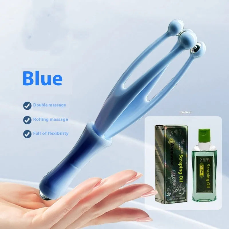 Blue and white steel ball finger massager hand joint roller on a neutral background.