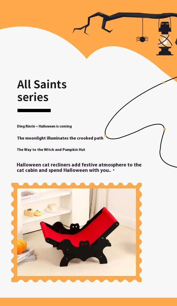 MW-054 wooden cat lounge chair pet bed black red Halloween bat pattern design