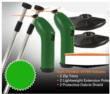 Cordless lawn trimmer with extension pole and protective shield for garden maintenance