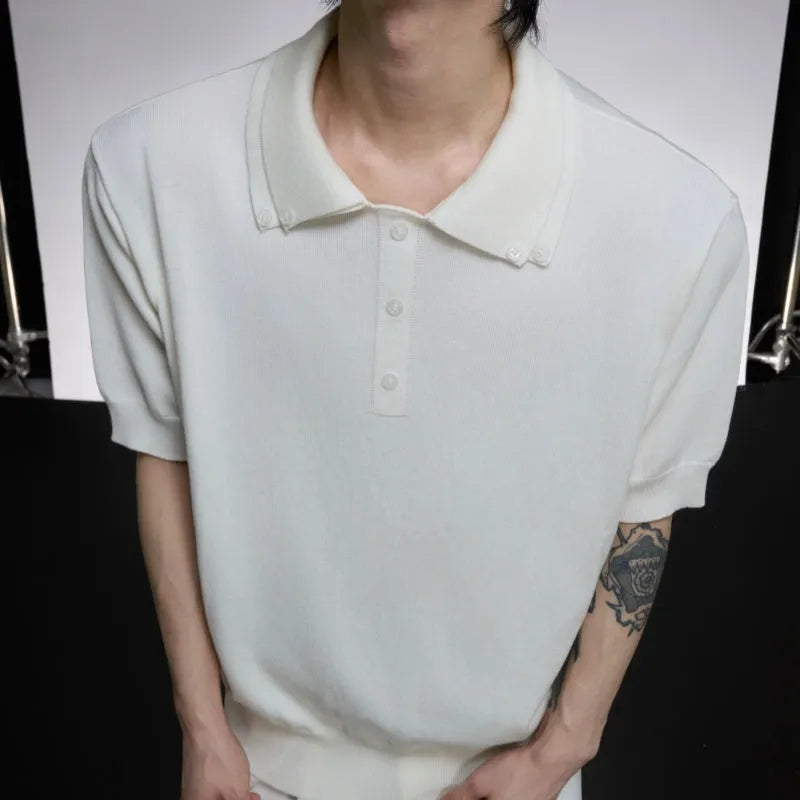 Men's black double collar knit polo shirt with short sleeves and loose fit