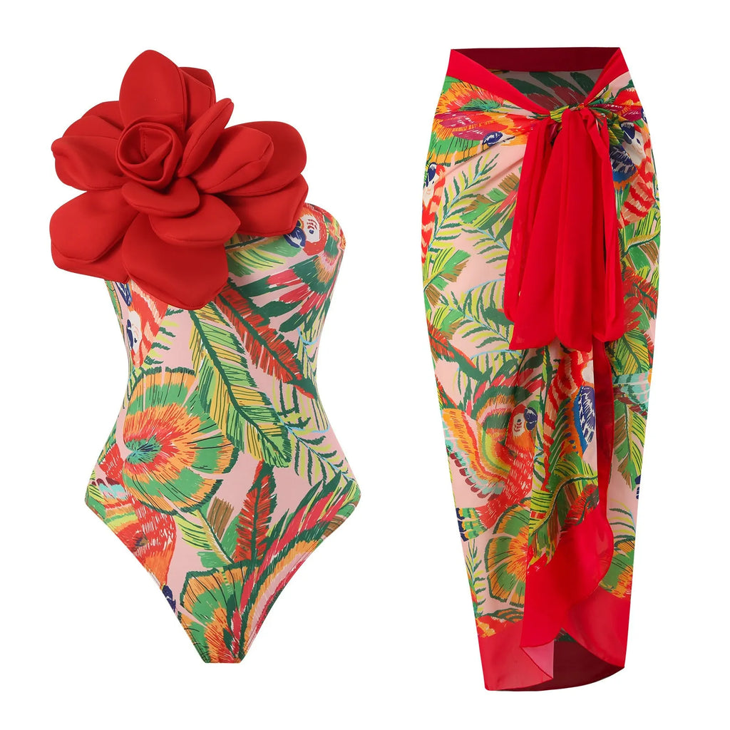 Women's fairy-style printed one-piece swimsuit with matching gauze skirt in blue colour