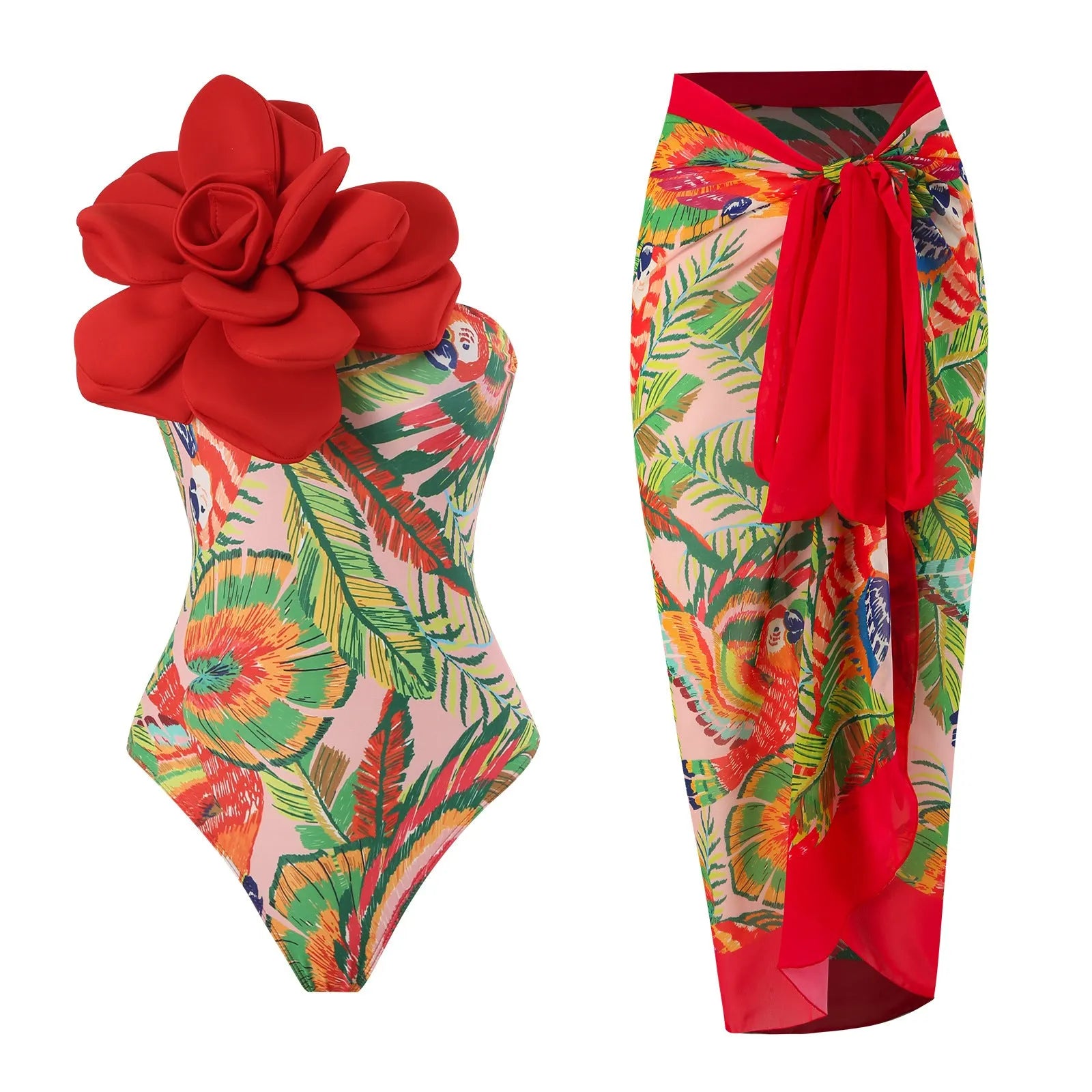 Women's fairy-style printed one-piece swimsuit with matching gauze skirt in blue colour
