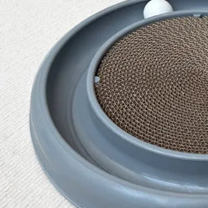Round cat scratching board with ball track, 16 inch base, 11 inch reversible pad, Blue Gray Green or Purple.