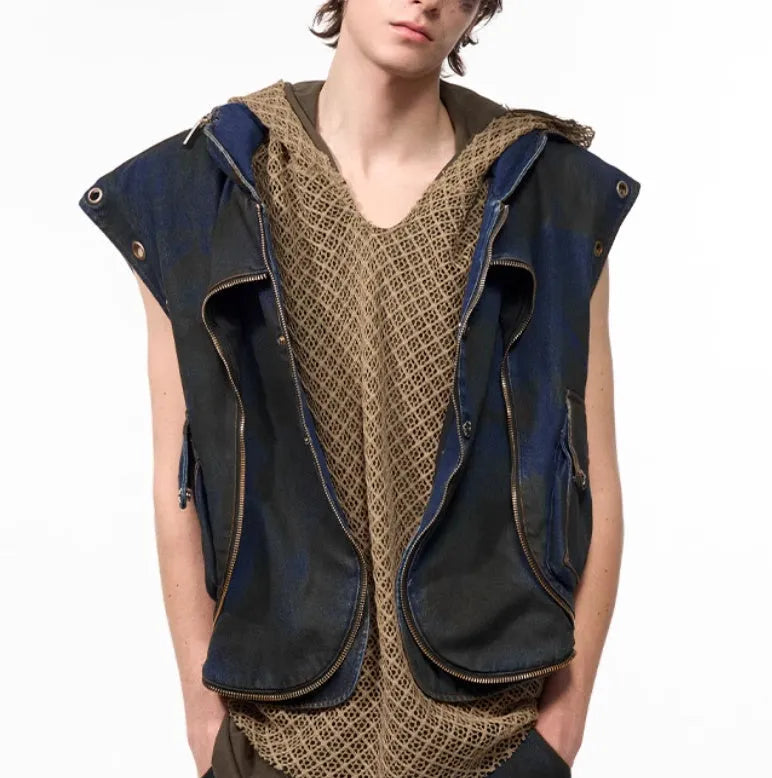 Blue Korean-style hooded denim vest coat with matching trousers, front zip closure