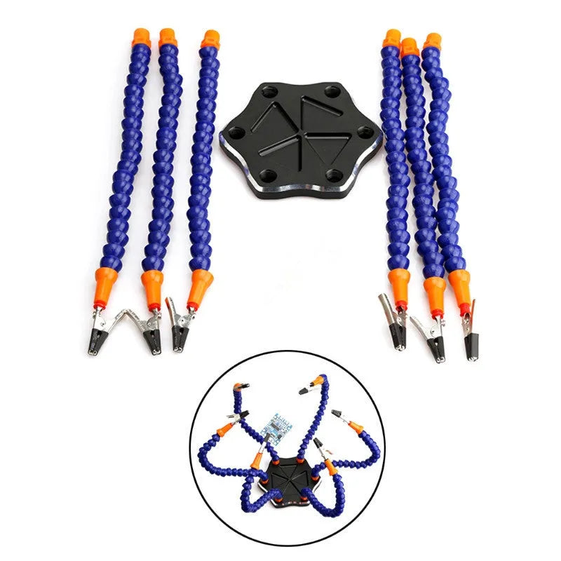 Black and purple aluminium alloy six-claw welding station with adjustable arms for model repair soldering.