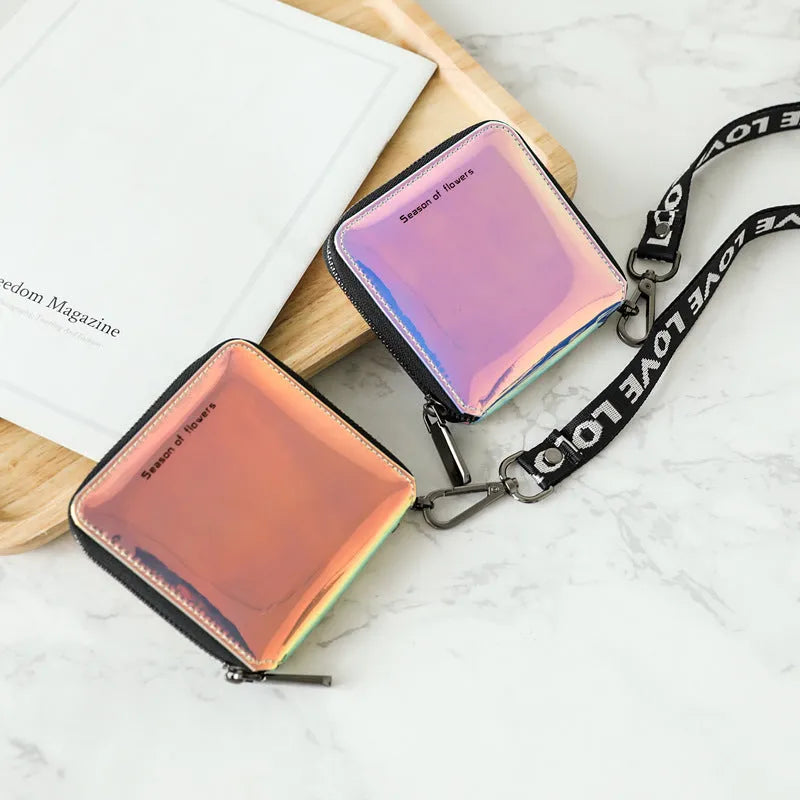 Short folding women's wallet in PU leather showing compact 11cm dimensions with glitter or solid colour options