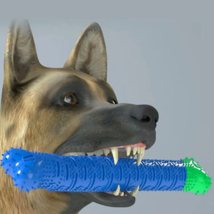Blue green dog dental cleaning stick toy with serrated brush head and massage nodules