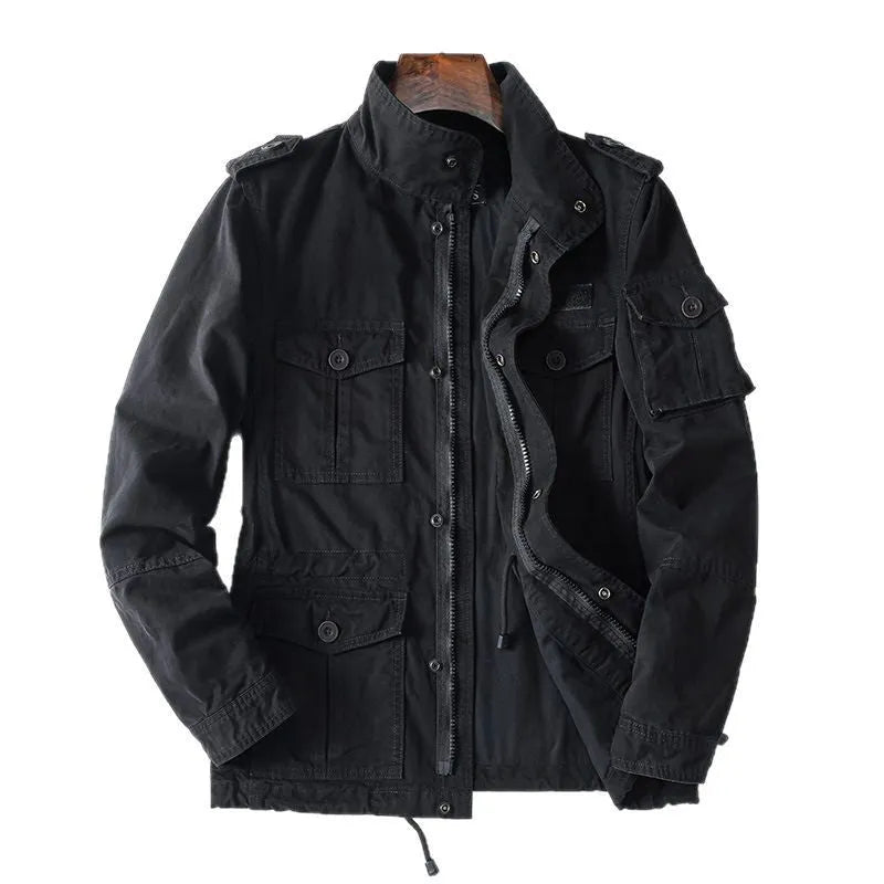 Men's loose fit cotton twill jacket in light army green with zip front, shown on a model.