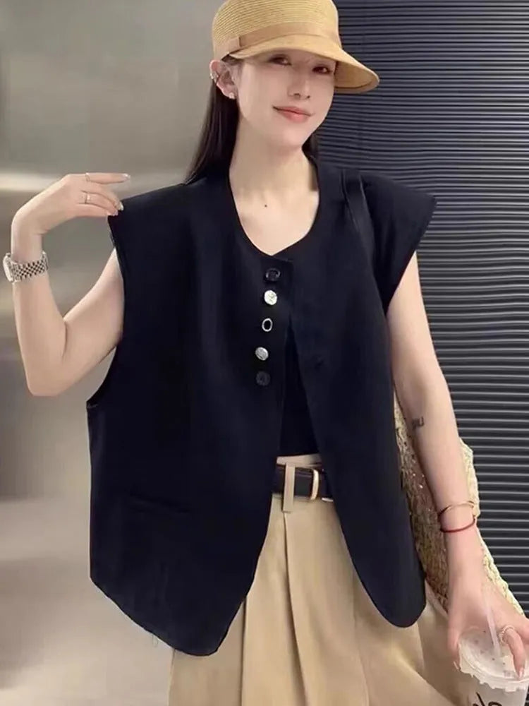 Women's solid colour polyester vest with pockets in loose fit and short 40cm length.