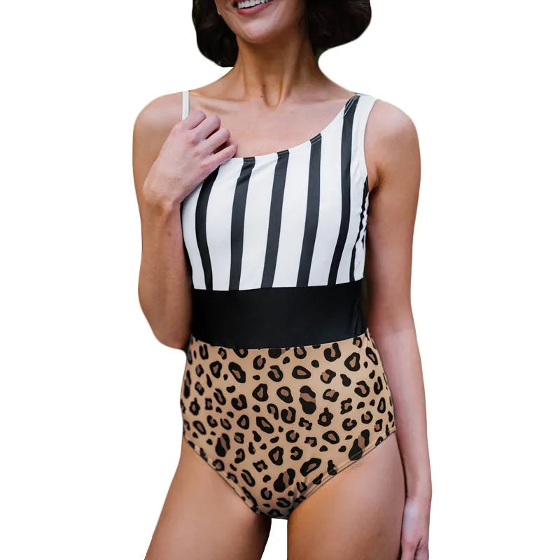 Leopard print women's one-piece swimsuit with asymmetric collar and high waist triangle briefs