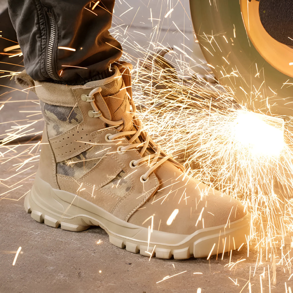 Khaki high-top safety boots with steel toe cap and lace-up front
