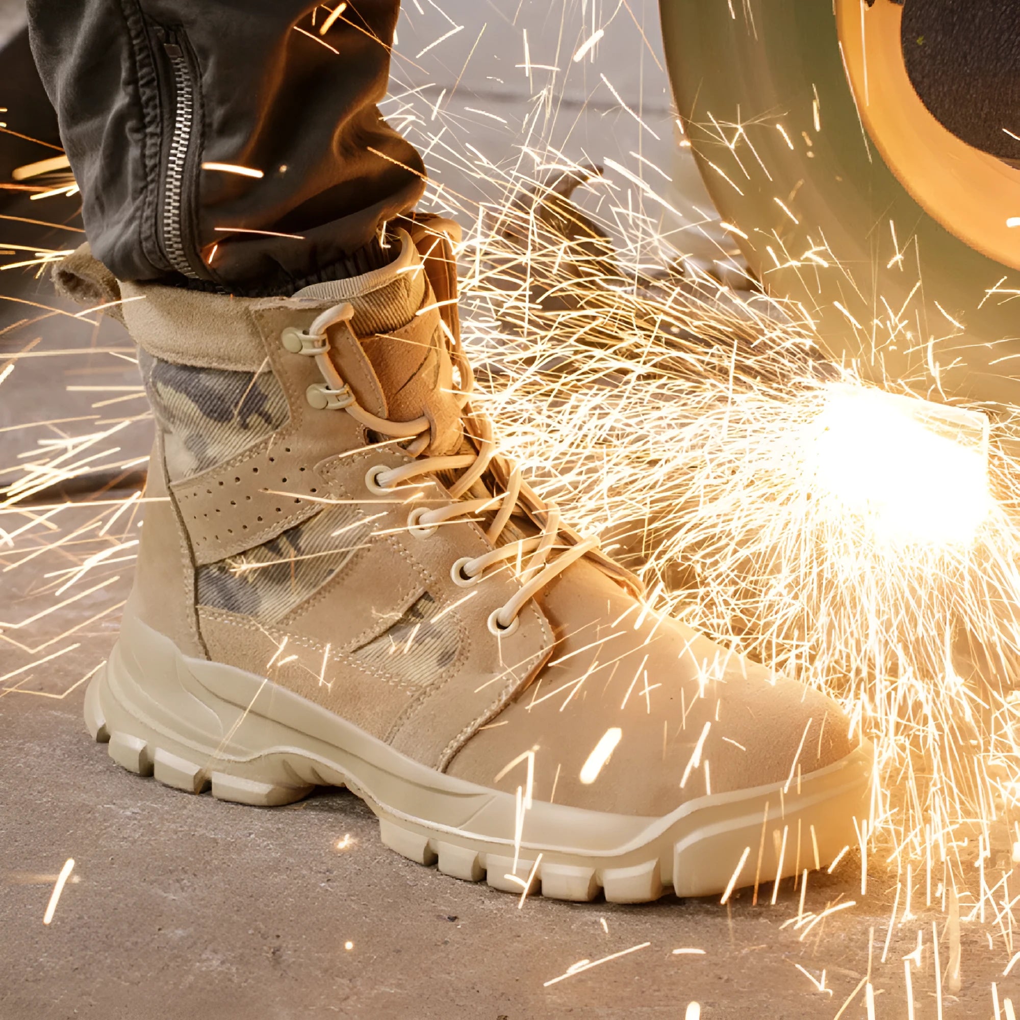 Khaki high-top safety boots with steel toe cap and lace-up front