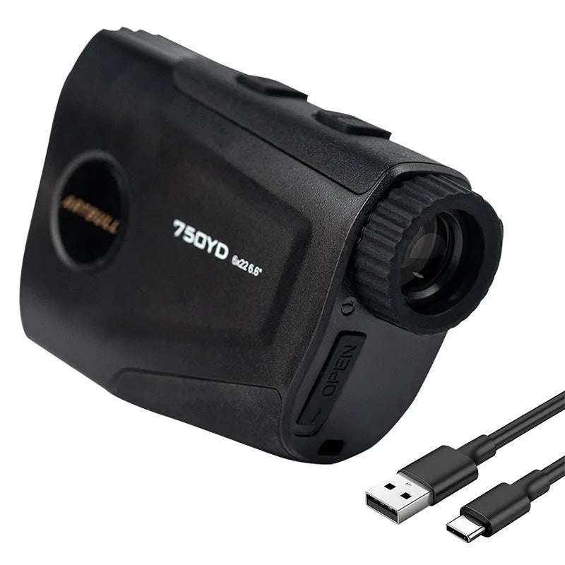 Rechargeable golf laser rangefinder with slope compensation and flag lock function showing LCD display