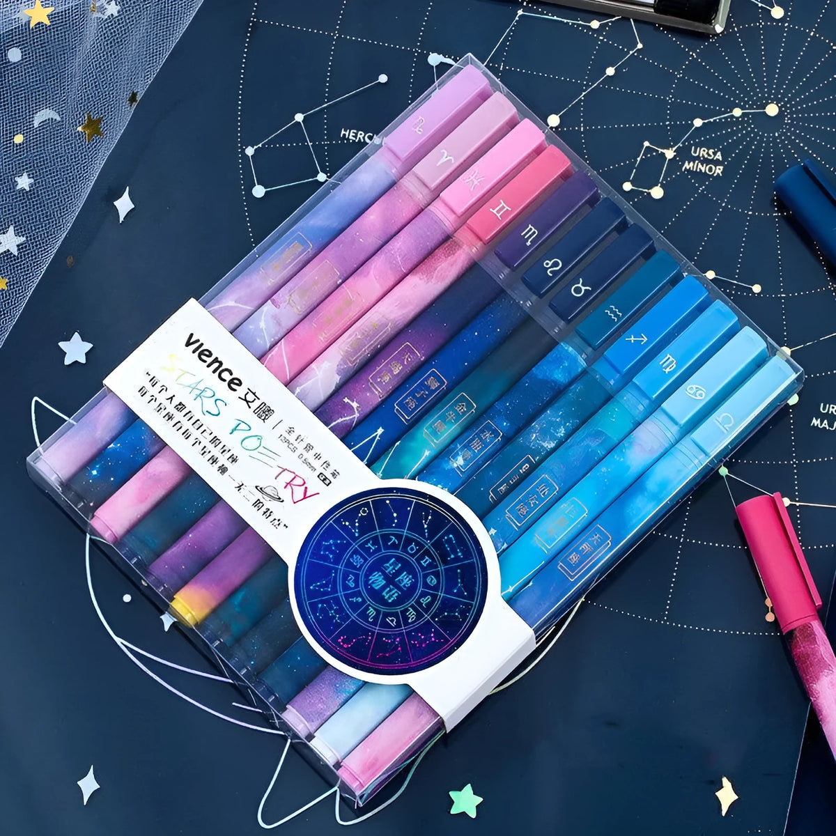 Twelve constellation ballpoint pens in a 12PCS plastic zodiac pen set for everyday writing and gifting
