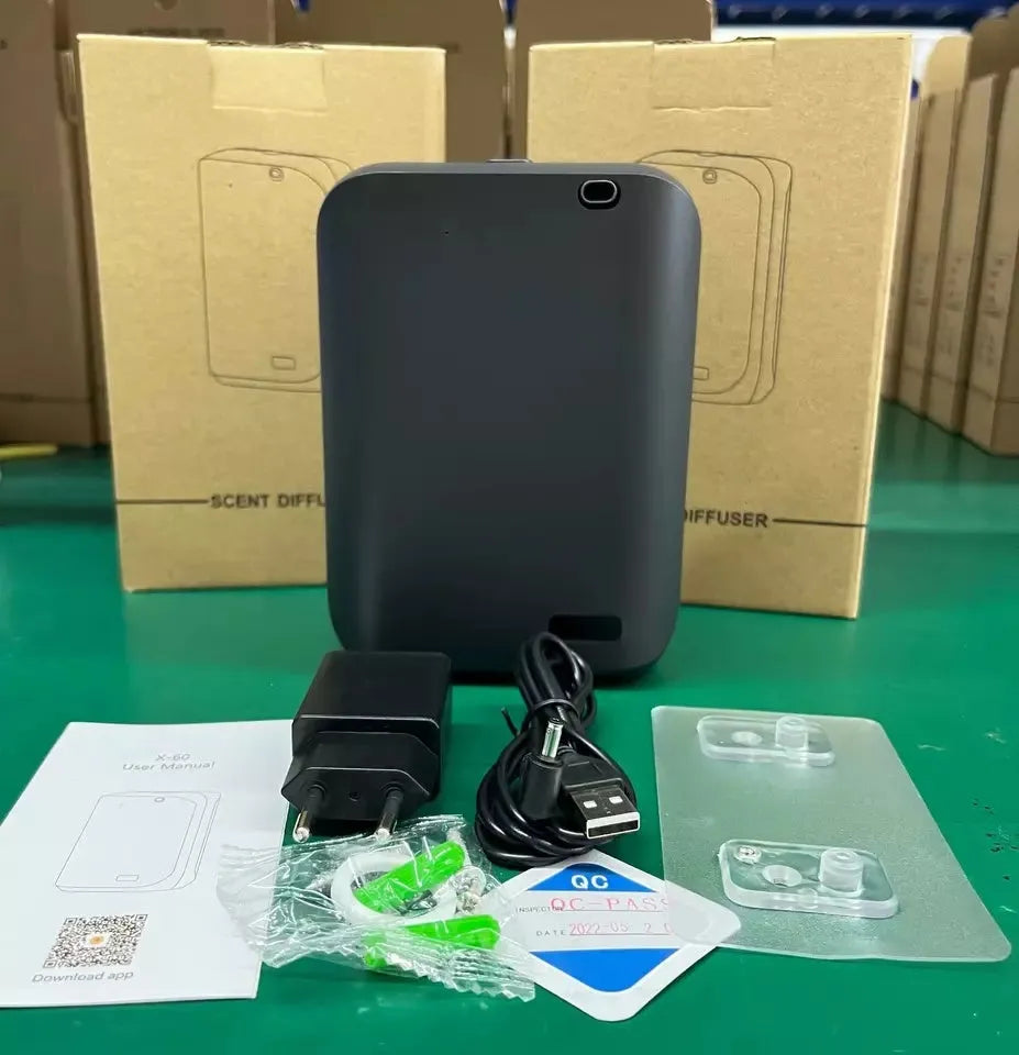 White HVAC wall mount essential oil diffuser with 150ml capacity and smartphone app control interface