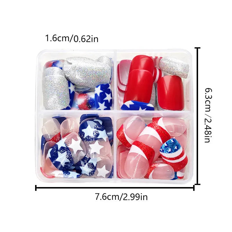 Independence Day press-on nails with American five-pointed star patterns in patriotic colours